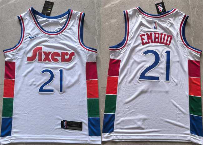 Mens Philadelphia 76ers #21 Joel Embiid White 2024 25 City Edition Stitched Jersey